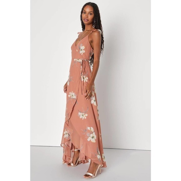 Lulus All Mine Rusty Rose Floral Print High-Low Wrap Maxi Dress Small New!! - Picture 9 of 16